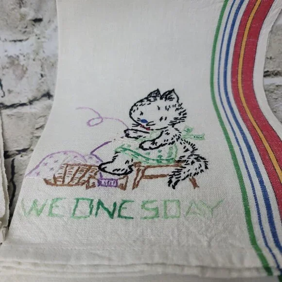 6 Days Of The Week Vtg Cat Kitchen Tea Dish Towels Hand Embroidered Needlepoint